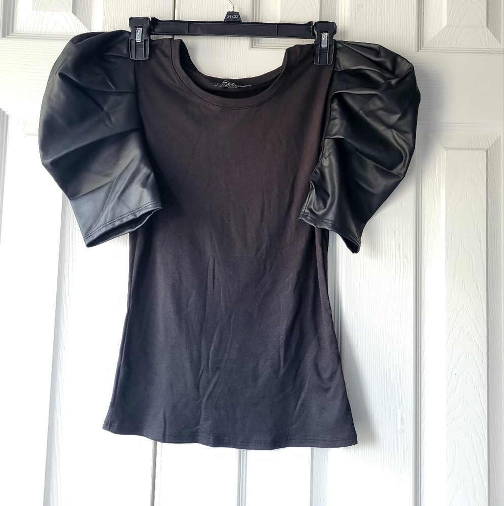 Black blouse with short puff sleeves, size S